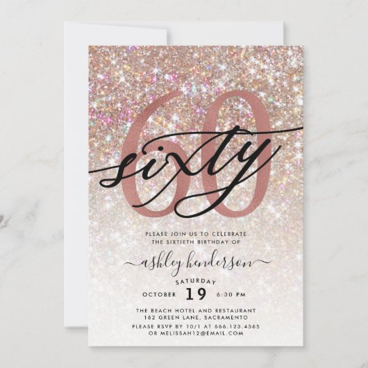 Modern Champagne Glitter 60th Birthday Invitation Kaart (Voorkant)