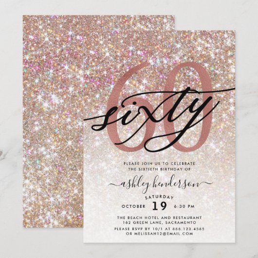 Modern Champagne Glitter 60th Birthday Invitation Kaart (Voorkant / Achterkant)