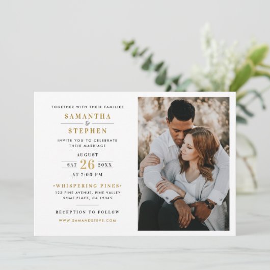 Modern Champagne Gold Photo Wedding Kaart (Staand voorkant)