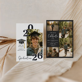 Modern Charcoal 4 Photo Graduation Invite Kaart