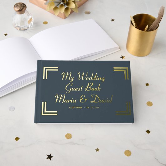 Modern Charcoal Golden Border Wedding Gastenboek (Voorkant open)