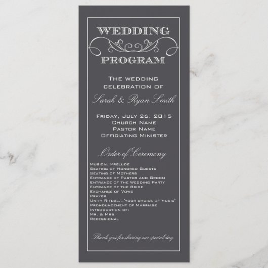 Modern Charcoal Gray Swirl Wedding Programme Programmakaart (Voorkant)