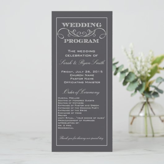 Modern Charcoal Gray Swirl Wedding Programme Programmakaart (Staand voorkant)