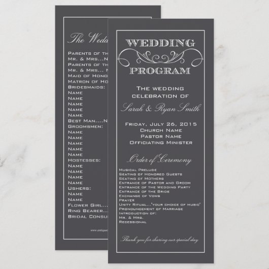 Modern Charcoal Gray Swirl Wedding Programme Programmakaart (Voorkant / Achterkant)