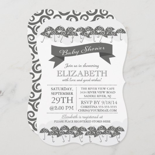 Modern Charcoal Grey Paraplu Neutraal Baby shower Kaart (Voorkant / Achterkant)