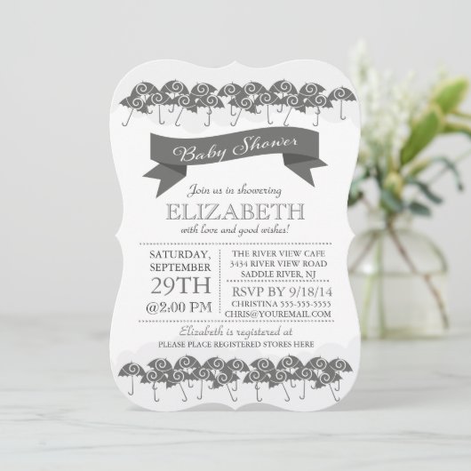 Modern Charcoal Grey Paraplu Neutraal Baby shower Kaart (Staand voorkant)