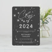 Modern Charcoal Zwart & Wit Sparkle Afstuderen Aankondiging (Staand voorkant)