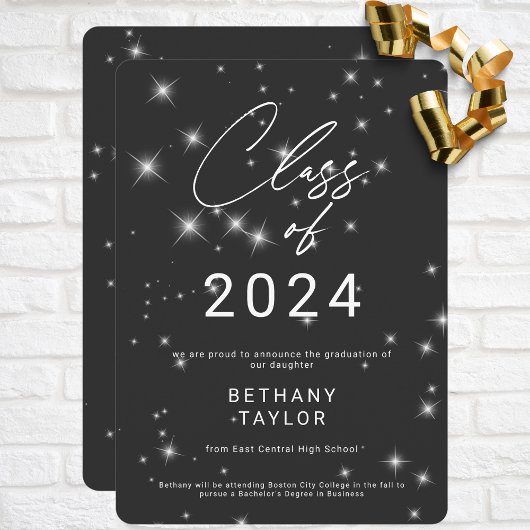 Modern Charcoal Zwart & Wit Sparkle Afstuderen Aankondiging