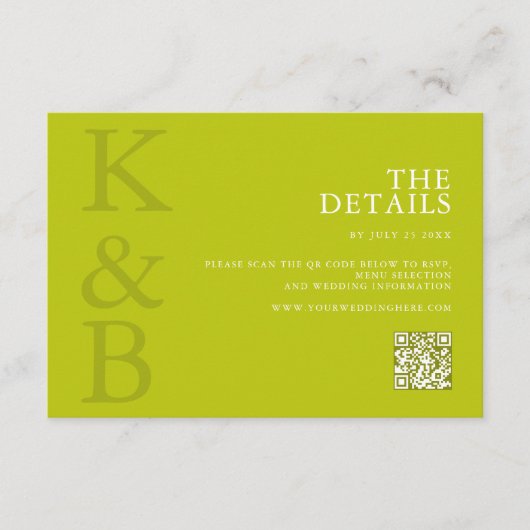 Modern Chartreuse Minimalist Wedding Informatiekaartje (Voorkant)