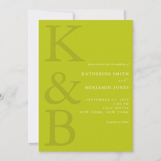 Modern Chartreuse Monogram Minimalistische Trouwda Kaart (Voorkant)