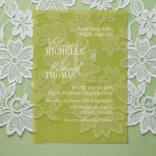 Modern Chartreuse Script Formal Wedding Vellum Uitnodigingen
