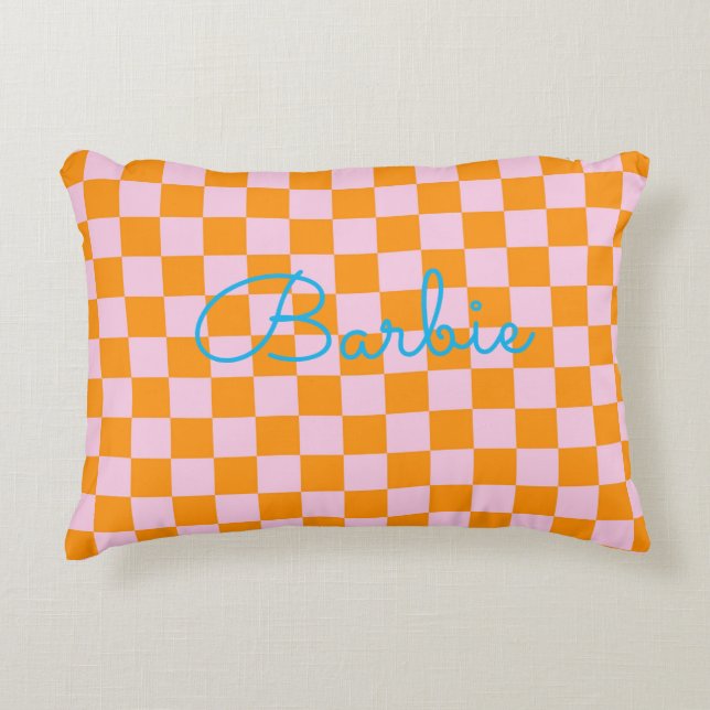 Modern Check Pink Orange Blue NAME Preppy Decor Accent Kussen (Voorkant)