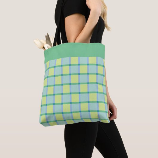 Modern Checker Blue Green Lime Pattern Tote Bag (Dichtbij)