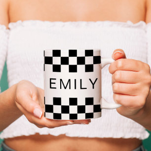 Modern Checker Checkerboard Naam toevoegen Zwart W Koffiemok