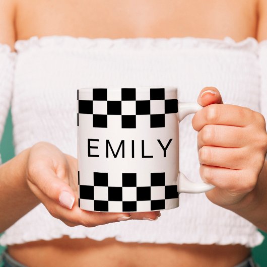Modern Checker Checkerboard Naam toevoegen Zwart W Koffiemok