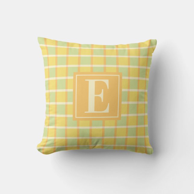 Modern Checker Green Yellow Orange Monogram Kussen (Voorkant)