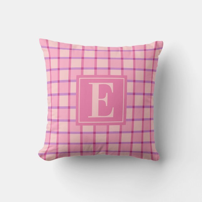 Modern Checker Pink Purple Monogram Kussen (Voorkant)