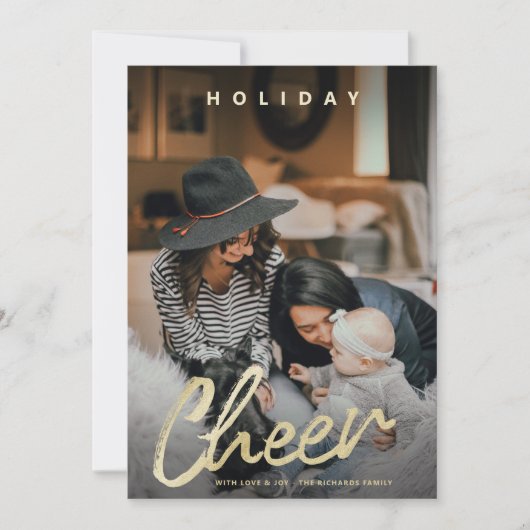 Modern Cheer Gold Brush Script Kerstfoto Feestdagenkaart (Voorkant)
