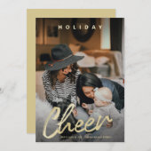 Modern Cheer Gold Brush Script Kerstfoto Feestdagenkaart (Voorkant / Achterkant)