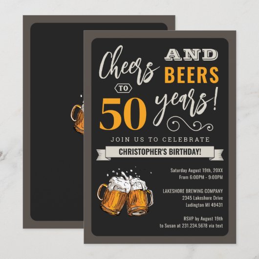 Modern Cheers and Beers 50th Birthday Invitation Kaart (Voorkant / Achterkant)