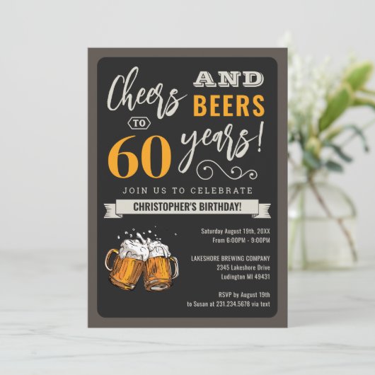 Modern Cheers and Beers 60th Birthday Invitation Kaart (Staand voorkant)