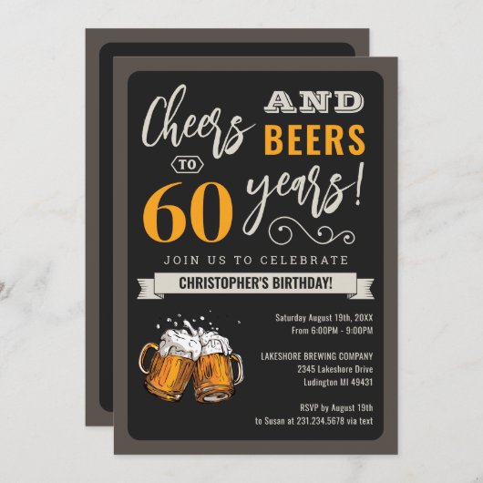 Modern Cheers and Beers 60th Birthday Invitation Kaart (Voorkant / Achterkant)