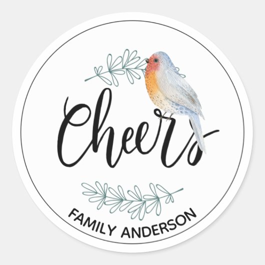 Modern CHEERS Gepersonaliseerde Kerstmis Robin Ronde Sticker (Voorkant)