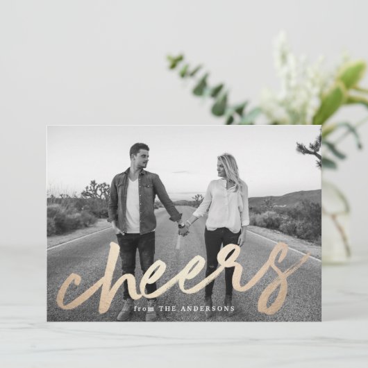Modern Cheers Gold Luxe Foto Feestdagenkaart (Staand voorkant)