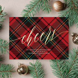 Modern Cheers Rood Tartan Niet-Foto Zakelijk Goud Folie Feestdagenkaart