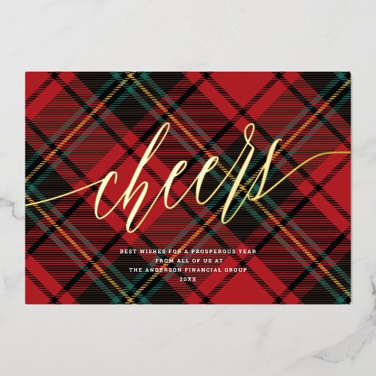 Modern Cheers Rood Tartan Niet-Foto Zakelijk Goud Folie Feestdagenkaart (Voorkant)