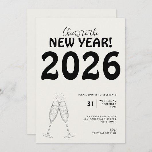 Modern Cheers to New Year Bold Typo Black White Kaart (Voorkant / Achterkant)