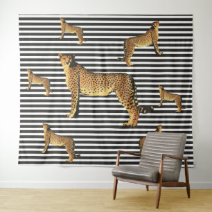 Modern cheetahpatroon op zwart-wit gestreepte acht wandkleed