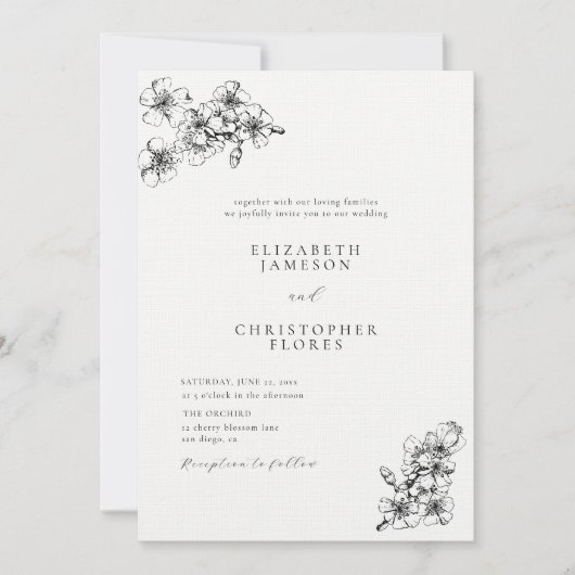 Modern Cherry Blossom Sketch Botanical BW Wedding Kaart (Voorkant)