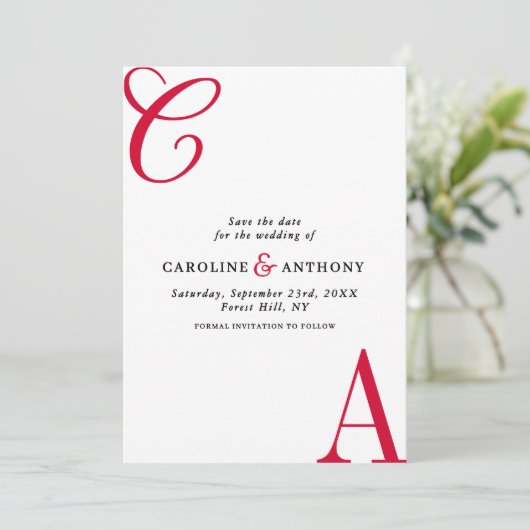 Modern Cherry Coded Minimalist Monogram Wedding Save The Date (Staand voorkant)