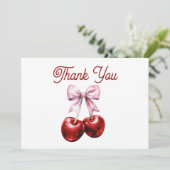Modern Cherry op de top Roze Bow Baby shower Bedankkaart (Staand voorkant)