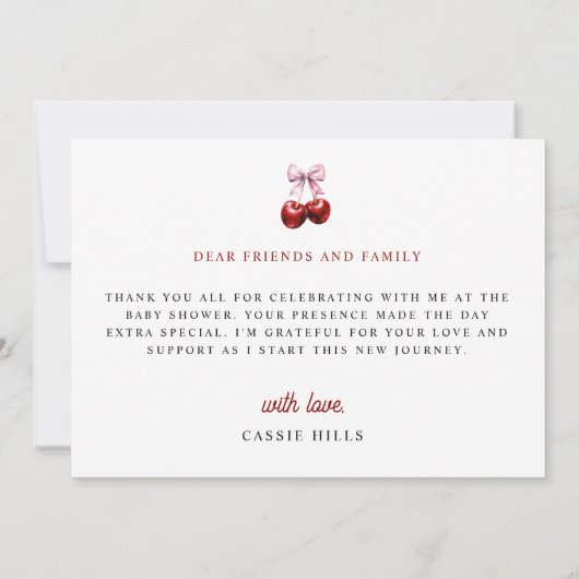 Modern Cherry op de top Roze Bow Baby shower Bedankkaart (Achterkant)