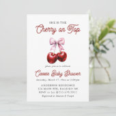 Modern Cherry op de top Roze Bow Baby shower Kaart (Staand voorkant)