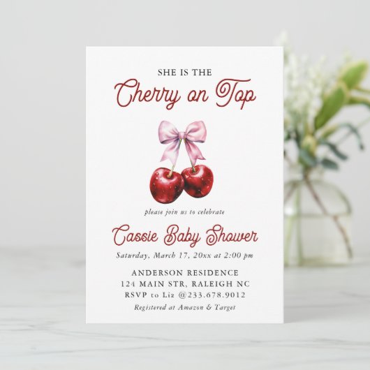 Modern Cherry op de top Roze Bow Baby shower Kaart (Staand voorkant)