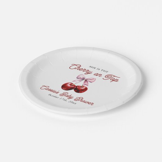 Modern Cherry op de top Roze Bow Baby shower Papieren Bordje (Gekanteld)