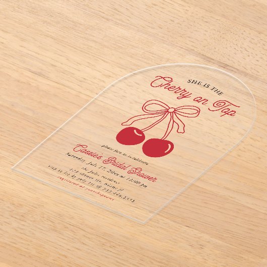 Modern Cherry op de top Roze Bow Vrijgezellenfeest Acryl Uitnodigingen (Laagn)