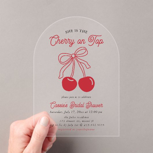 Modern Cherry op de top Roze Bow Vrijgezellenfeest Acryl Uitnodigingen (Insitu (Draagbaar))