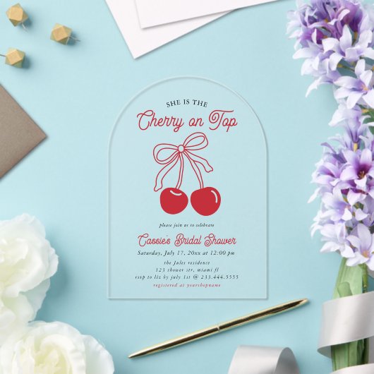 Modern Cherry op de top Roze Bow Vrijgezellenfeest Acryl Uitnodigingen (Insitu (Huwelijk))