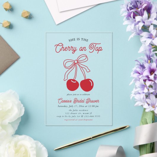 Modern Cherry op de top Roze Bow Vrijgezellenfeest Acryl Uitnodigingen (Insitu (Huwelijk))
