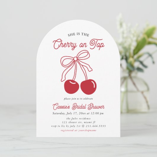 Modern Cherry op de top Roze Bow Vrijgezellenfeest Kaart (Staand voorkant)