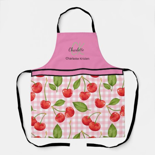 Modern Cherry Pattern Monogram Naam Roze Schort (Voorkant)