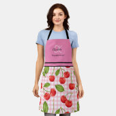 Modern Cherry Pattern Monogram Naam Roze Schort (Gedragen)