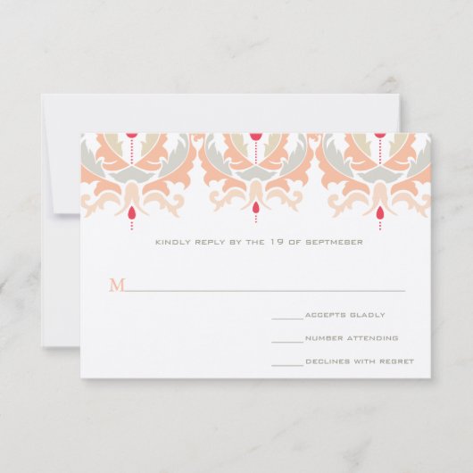 Modern Cherry Peach paddenstoel Damask Wedding RSV RSVP Kaartje (Voorkant)