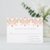 Modern Cherry Peach paddenstoel Damask Wedding RSV RSVP Kaartje (Staand voorkant)