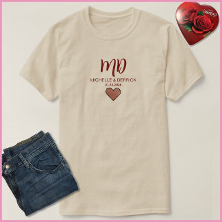 Modern Cherry Red Monogram Husband & Wife Name T-shirt