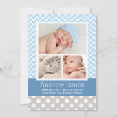 Modern Chevron Baby Blue Grey Foto Birth Aankondiging (Voorkant)